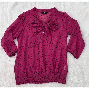 Pink Blouse Mickey Mouse Print Tie Neck Quarter Sleeves Elastic Hem Max Brand L